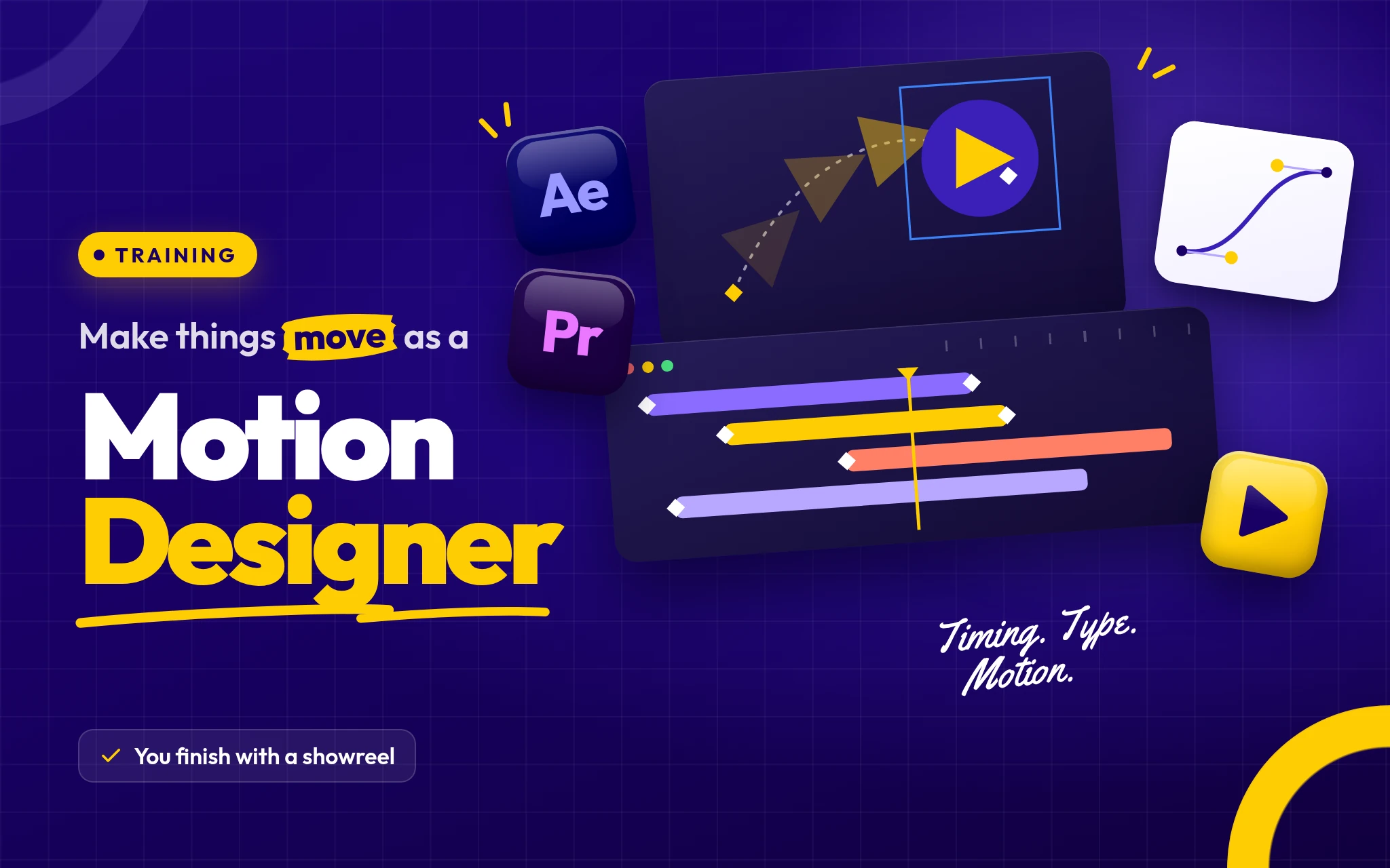 Training: “Make things move as a Motion Designer. You finish with a showreel”, beside a logo moving along a path, a timeline with keyframes, and After Effects and Premiere icons.
